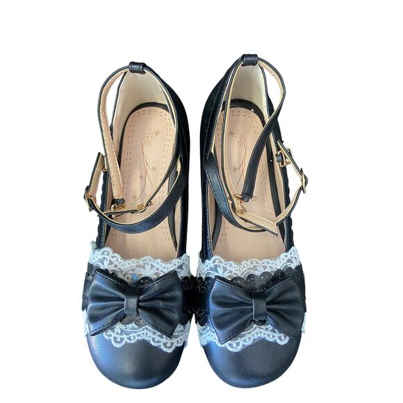 FALL SEASON WOMEN Black Mid Pumps Preppy, Bow Platform Chunky Size 8.5 IN HEELS - Picture 2 of 7